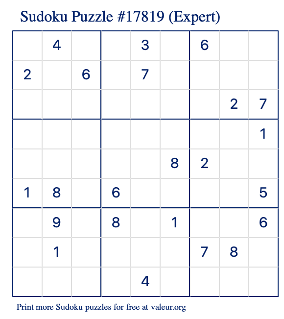 Free Printable Expert Sudoku Puzzle number 17819