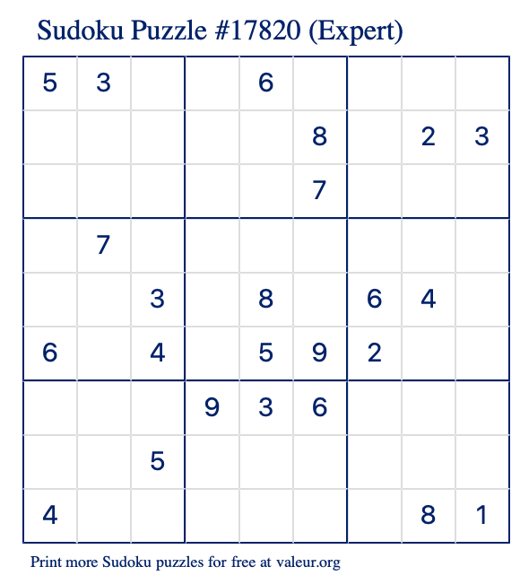 Free Printable Expert Sudoku Puzzle number 17820