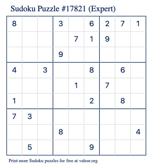 Free Printable Expert Sudoku Puzzle number 17821