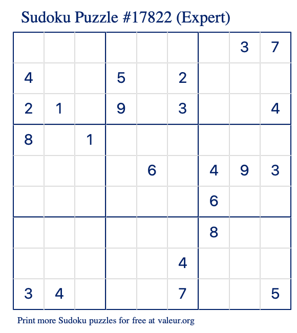 Free Printable Expert Sudoku Puzzle number 17822