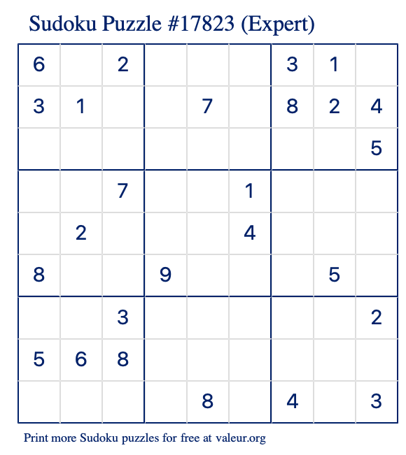 Free Printable Expert Sudoku Puzzle number 17823