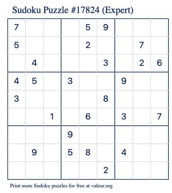 Free Printable Expert Sudoku Puzzle number 17824