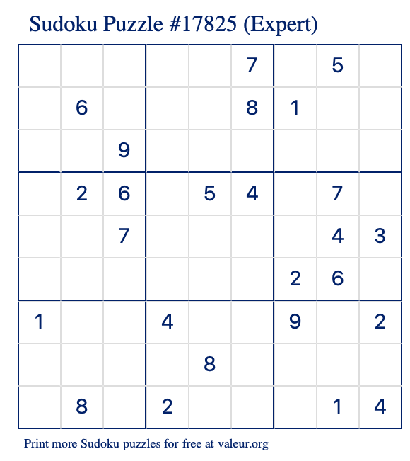 Free Printable Expert Sudoku Puzzle number 17825