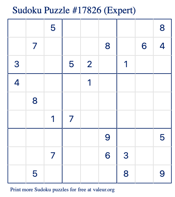 Free Printable Expert Sudoku Puzzle number 17826