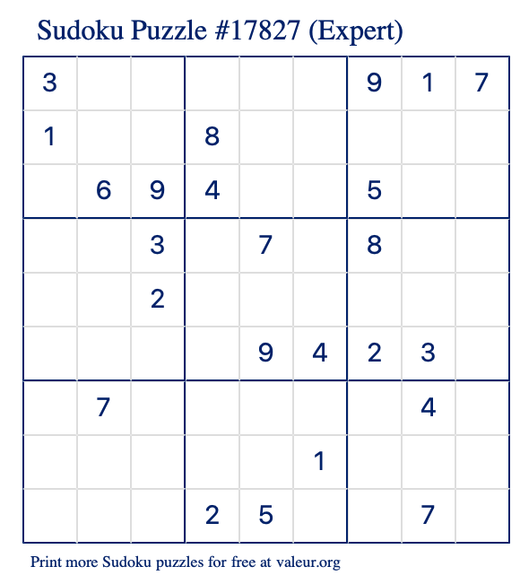 Free Printable Expert Sudoku Puzzle number 17827