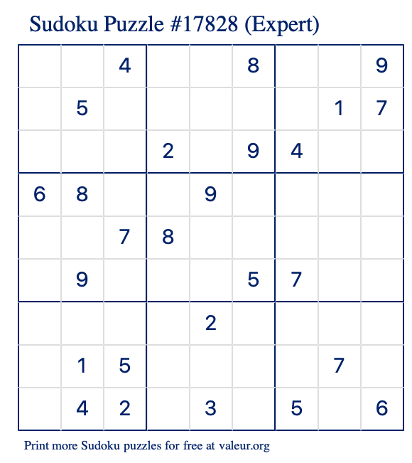 Free Printable Expert Sudoku Puzzle number 17828