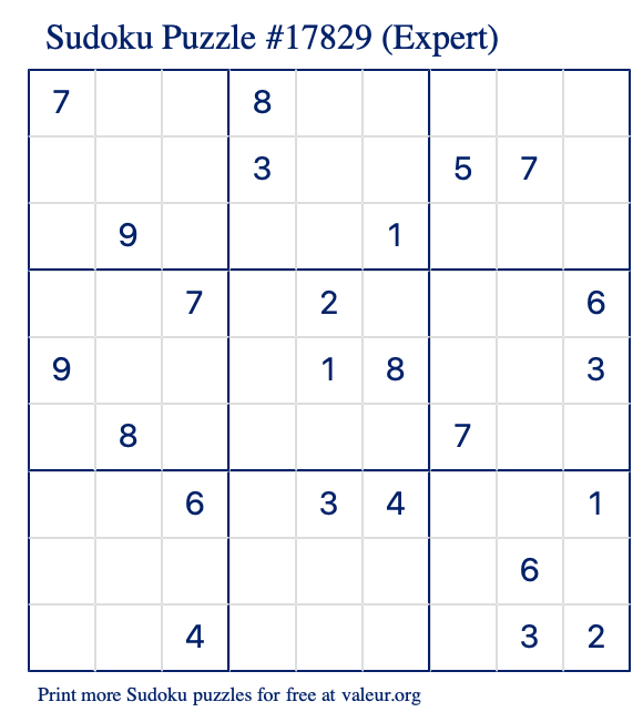 Free Printable Expert Sudoku Puzzle number 17829
