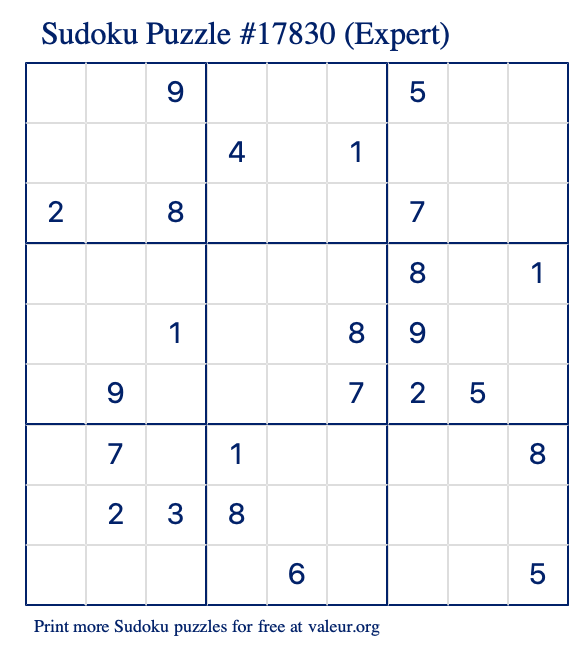 Free Printable Expert Sudoku Puzzle number 17830