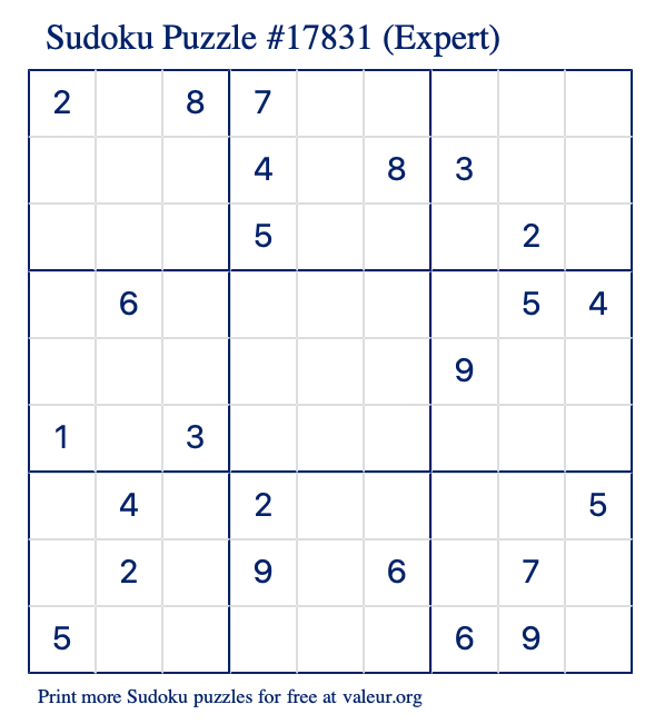 Free Printable Expert Sudoku Puzzle number 17831