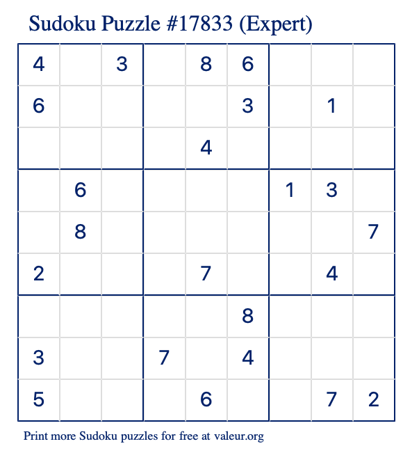 Free Printable Expert Sudoku Puzzle number 17833