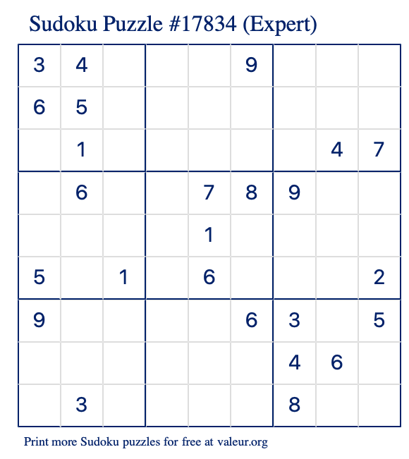 Free Printable Expert Sudoku Puzzle number 17834