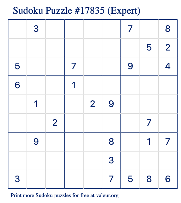 Free Printable Expert Sudoku Puzzle number 17835