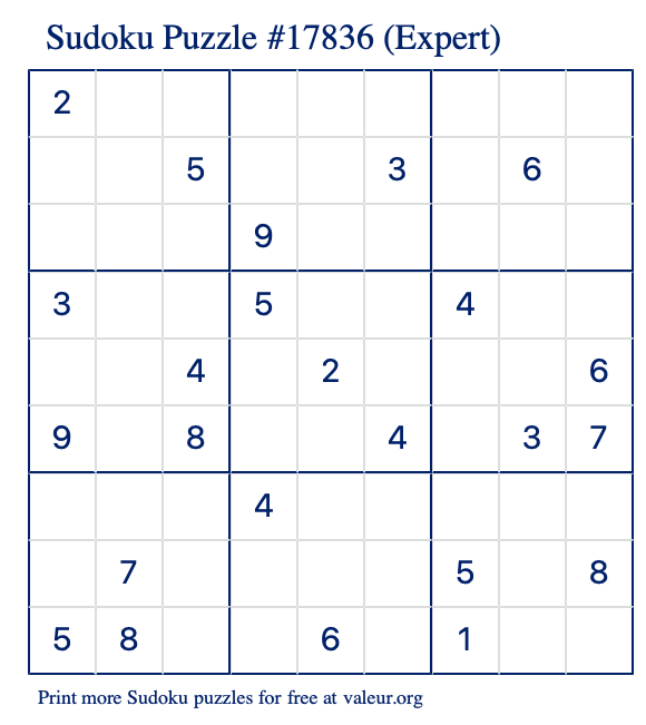 Free Printable Expert Sudoku Puzzle number 17836
