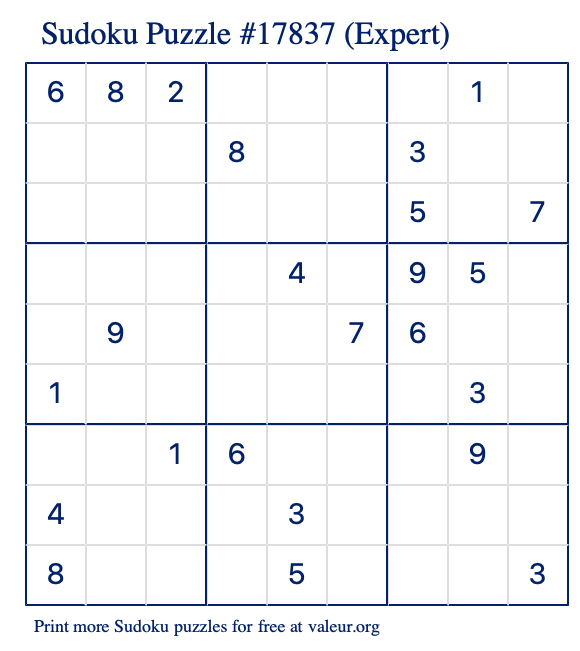 Free Printable Expert Sudoku Puzzle number 17837