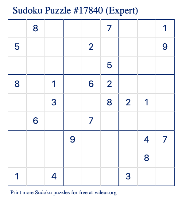 Free Printable Expert Sudoku Puzzle number 17840