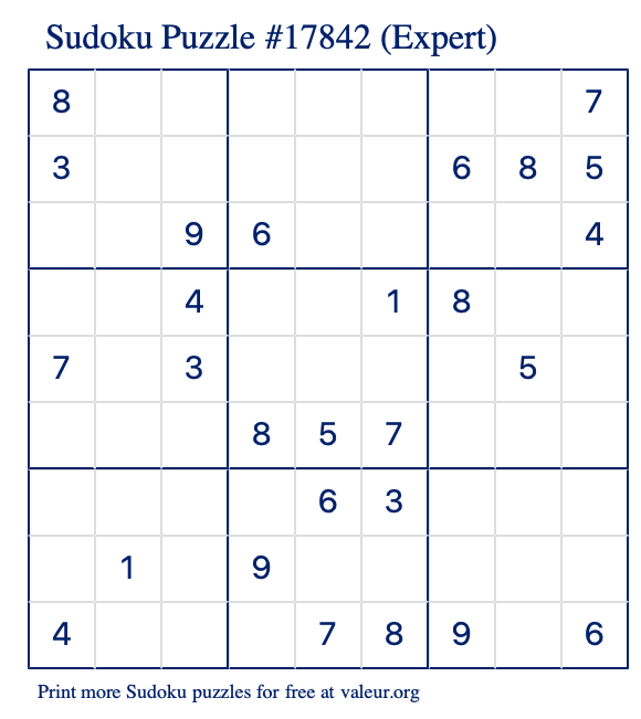 Free Printable Expert Sudoku Puzzle number 17842