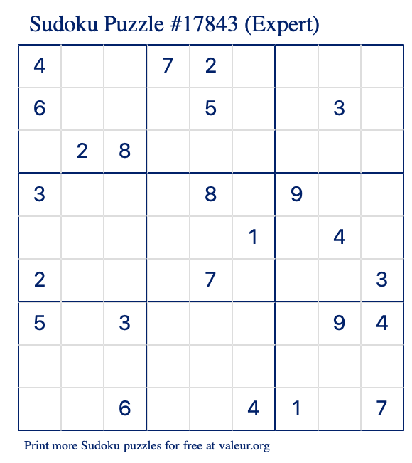 Free Printable Expert Sudoku Puzzle number 17843