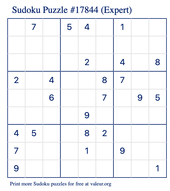 Free Printable Expert Sudoku Puzzle number 17844