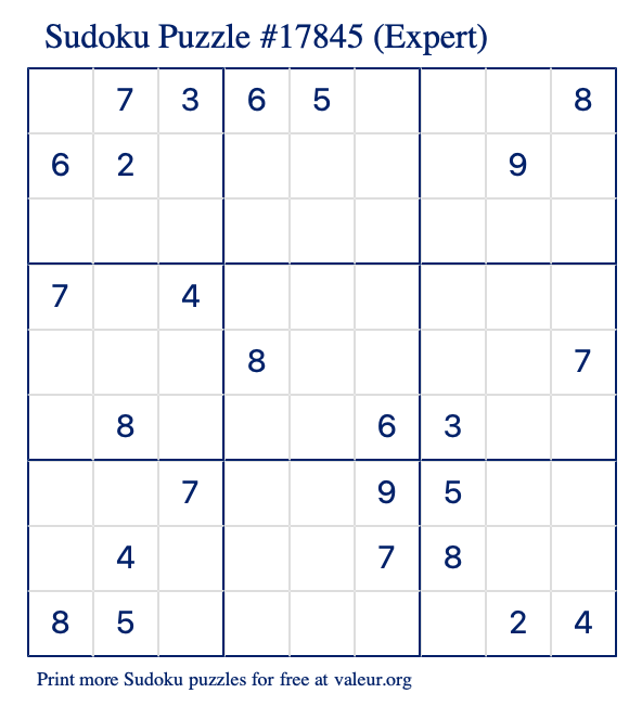 Free Printable Expert Sudoku Puzzle number 17845
