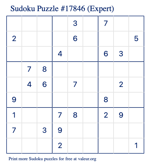 Free Printable Expert Sudoku Puzzle number 17846