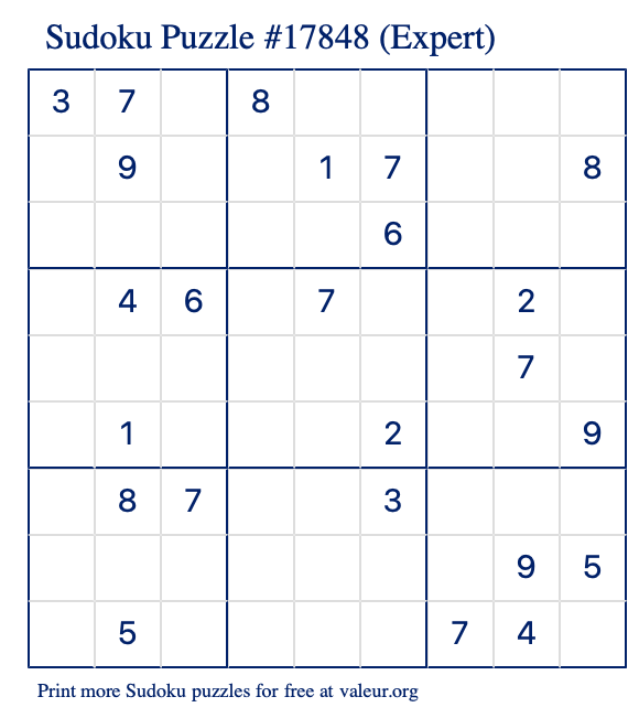 Free Printable Expert Sudoku Puzzle number 17848