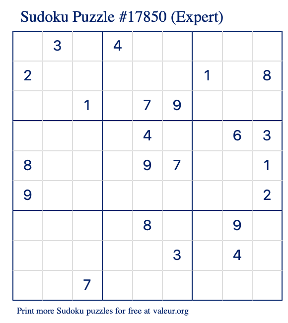 Free Printable Expert Sudoku Puzzle number 17850