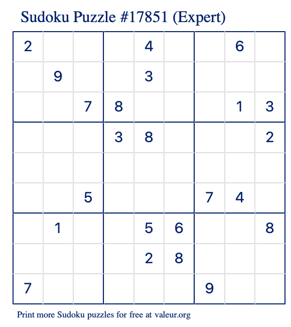 Free Printable Expert Sudoku Puzzle number 17851
