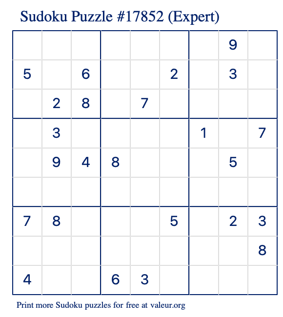 Free Printable Expert Sudoku Puzzle number 17852