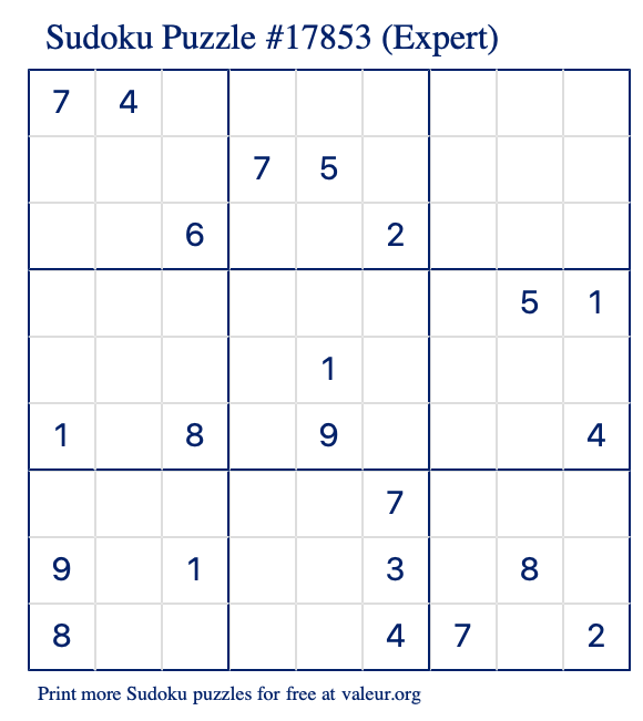 Free Printable Expert Sudoku Puzzle number 17853