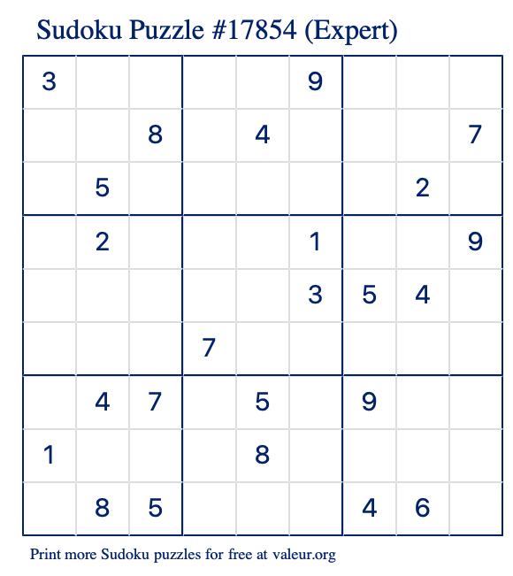 Free Printable Expert Sudoku Puzzle number 17854