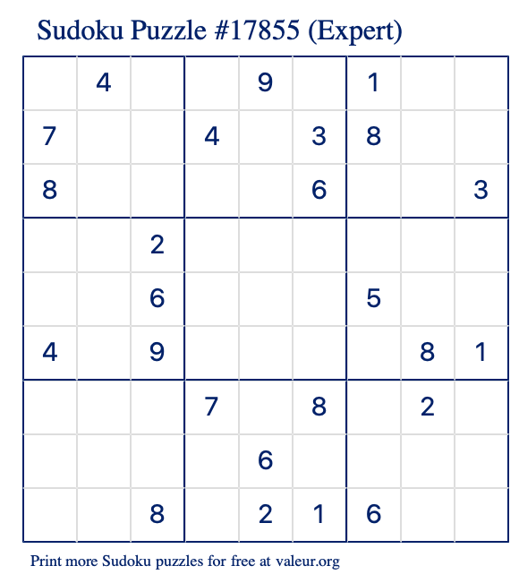 Free Printable Expert Sudoku Puzzle number 17855