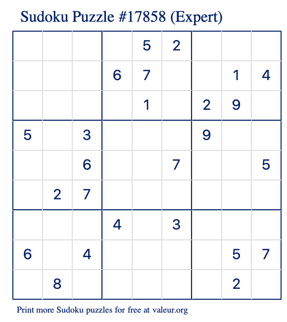 Free Printable Expert Sudoku Puzzle number 17858