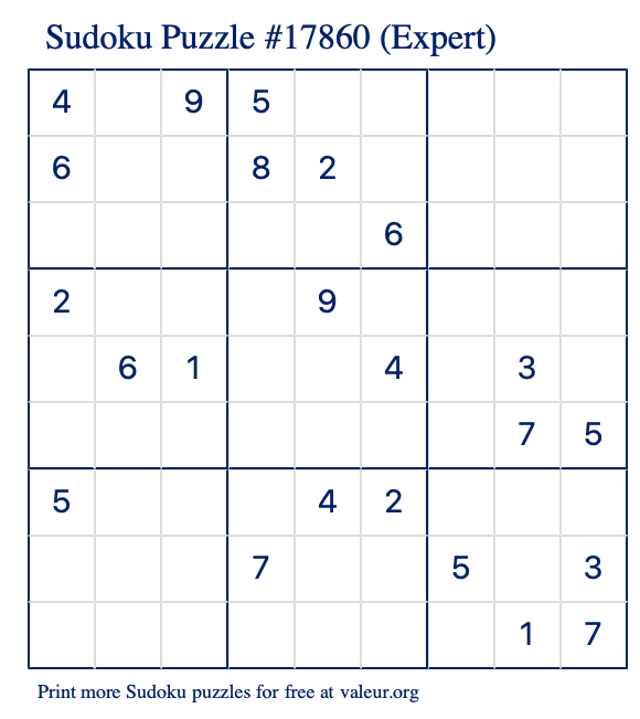 Free Printable Expert Sudoku Puzzle number 17860