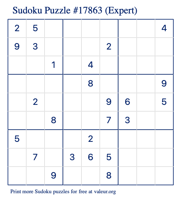 Free Printable Expert Sudoku Puzzle number 17863