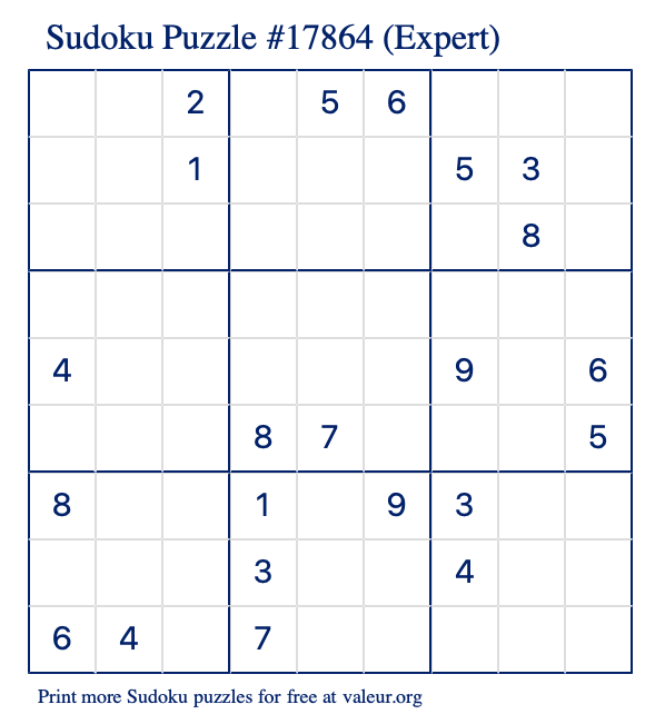 Free Printable Expert Sudoku Puzzle number 17864