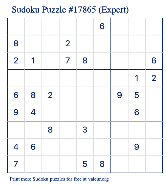 Free Printable Expert Sudoku Puzzle number 17865