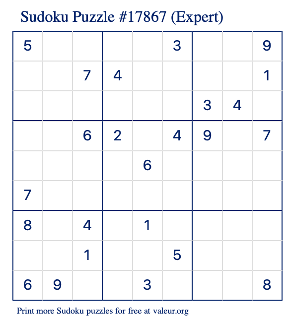 Free Printable Expert Sudoku Puzzle number 17867