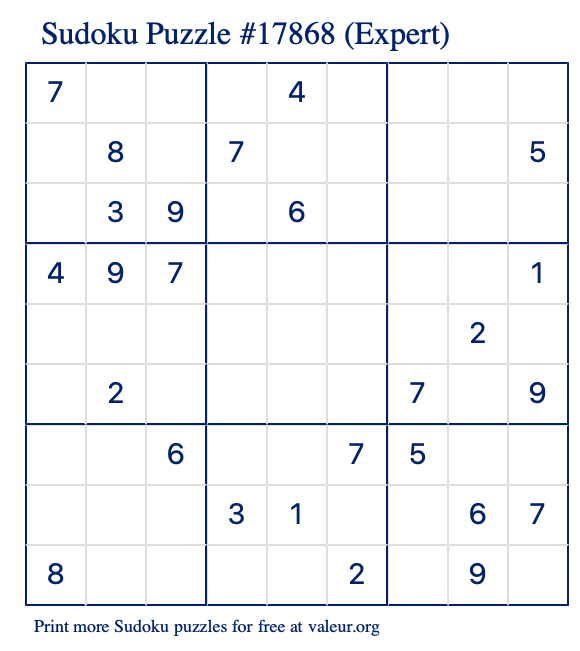 Free Printable Expert Sudoku Puzzle number 17868