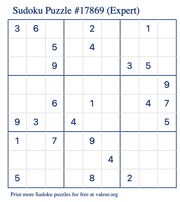 Free Printable Expert Sudoku Puzzle number 17869