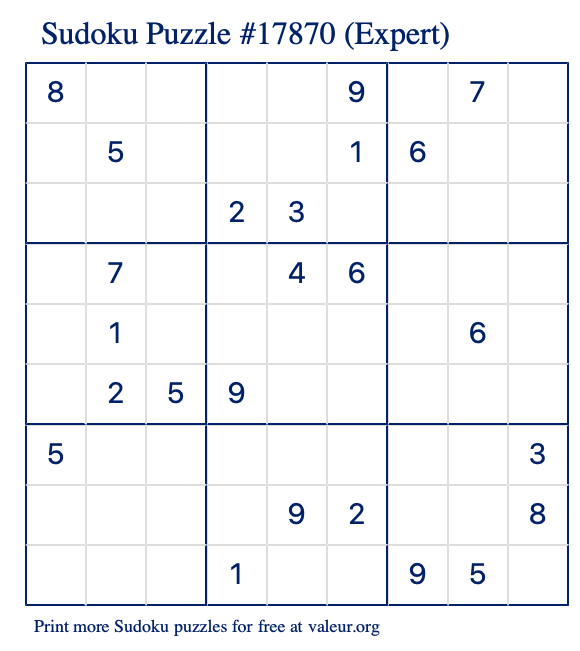 Free Printable Expert Sudoku Puzzle number 17870