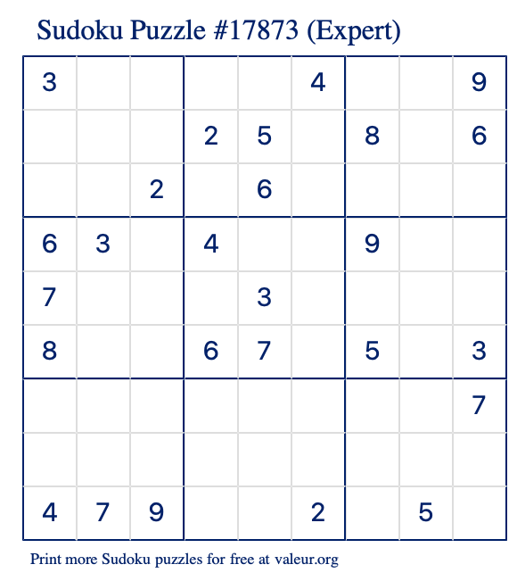 Free Printable Expert Sudoku Puzzle number 17873