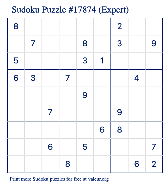 Free Printable Expert Sudoku Puzzle number 17874