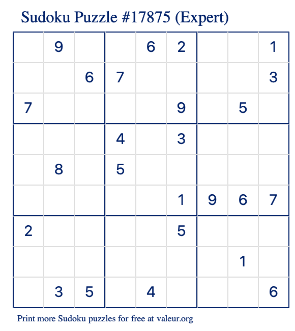 Free Printable Expert Sudoku Puzzle number 17875