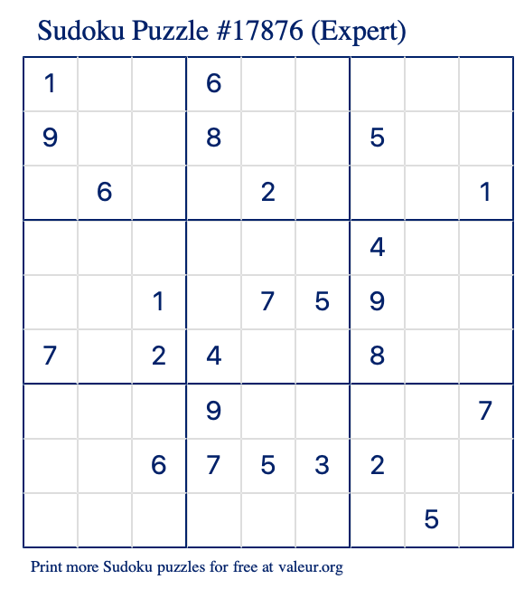 Free Printable Expert Sudoku Puzzle number 17876