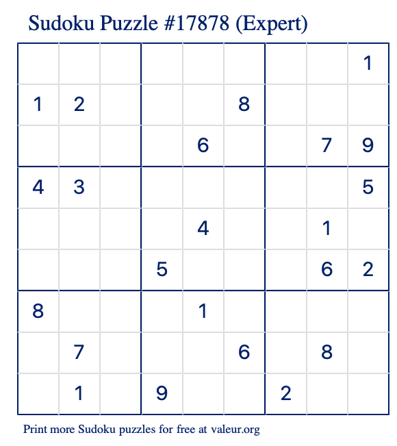 Free Printable Expert Sudoku Puzzle number 17878