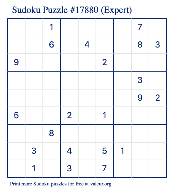 Free Printable Expert Sudoku Puzzle number 17880