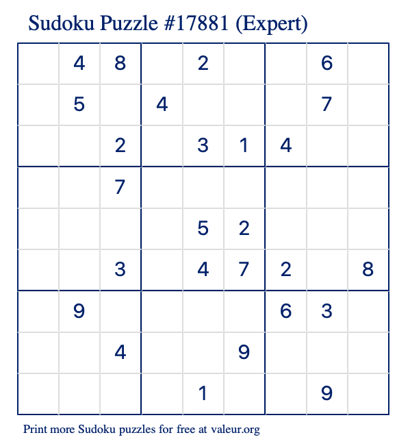 Free Printable Expert Sudoku Puzzle number 17881