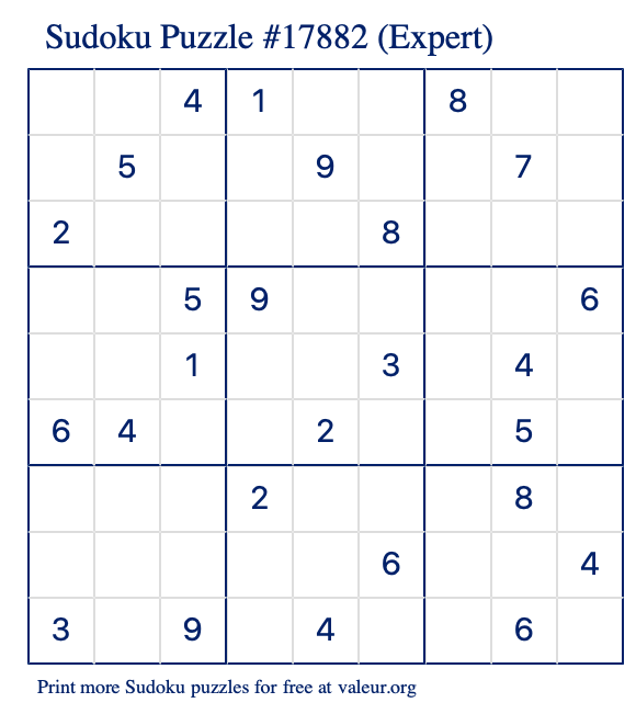 Free Printable Expert Sudoku Puzzle number 17882