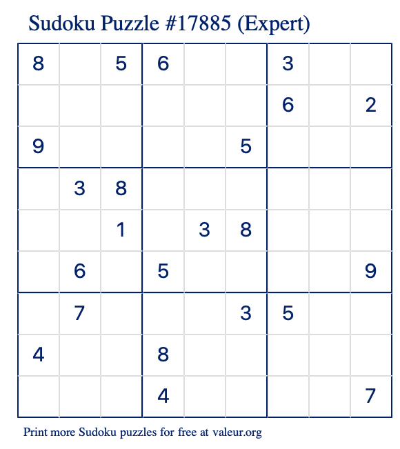 Free Printable Expert Sudoku Puzzle number 17885