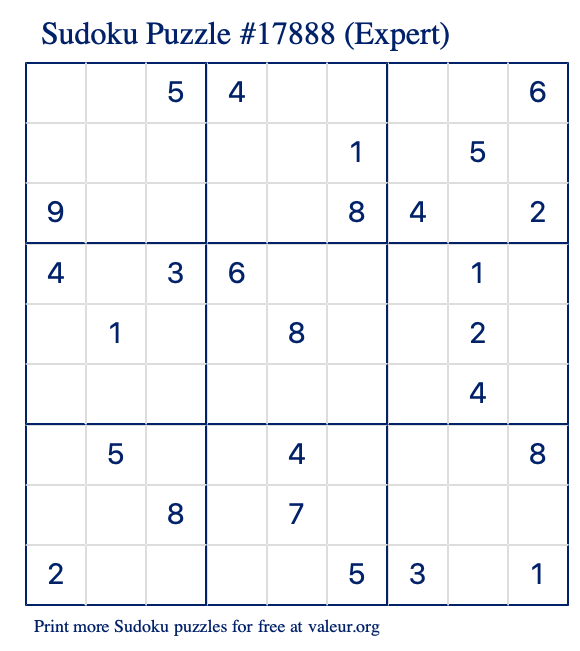 Free Printable Expert Sudoku Puzzle number 17888